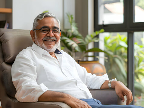 Portrait of a mature experienced senior indian business man taking a break in her chair in his home office - Powered by Adobe