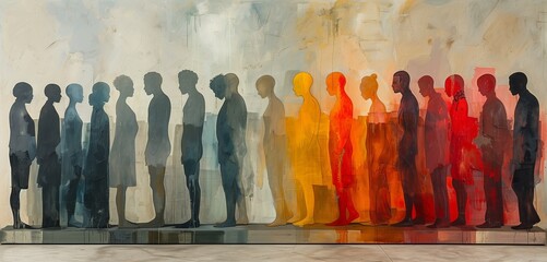 A collection of human bodies depicted in a painting, standing in a line. The artwork captures a crowd of people in a rectangular formation, showcasing the artists visual arts talent