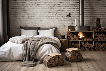 Rustic Scandinavian Room: Tree Stump Nightstands Beside Cozy Fireplace & Wooden Floor