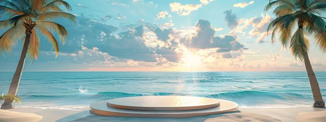 Poster Beach podium background product summer sand display stand sea cosmetic. Product summer background podium beach sky scene presentation platform nature blue pedestal beauty water mockup stone palm sun. © Максим Зайков