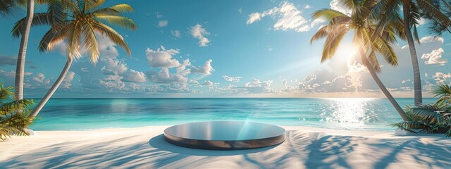Beach podium background product summer sand display stand sea cosmetic. Product summer background podium beach sky scene presentation platform nature blue pedestal beauty water mockup stone palm sun.