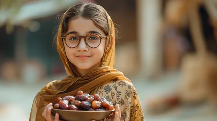 Foto auf Acrylglas Heringsdorf, Deutschland Pakistani village girl holding dates bowl in her hand