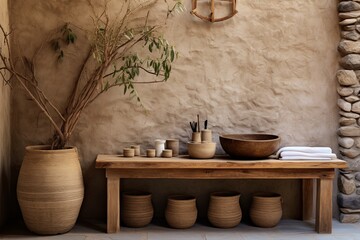 Rustic Bamboo and Stone Fixtures Harmonize with Stucco Walls