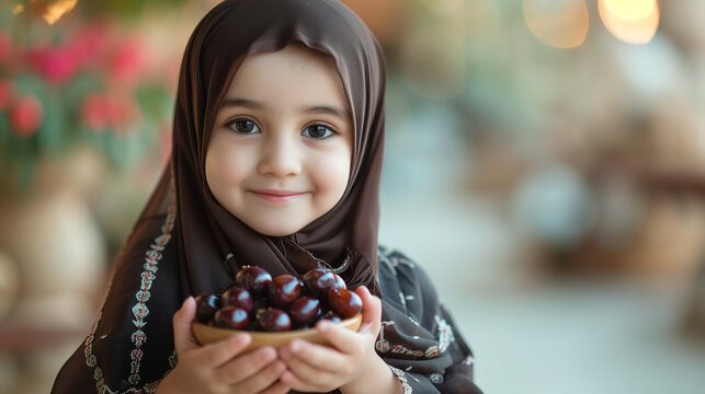 Hijab cute baby girl presenting dates bowl in hands