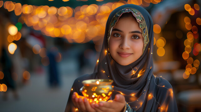 Pakistani teen girl wearing scarf and celebrating Ramadan moon night