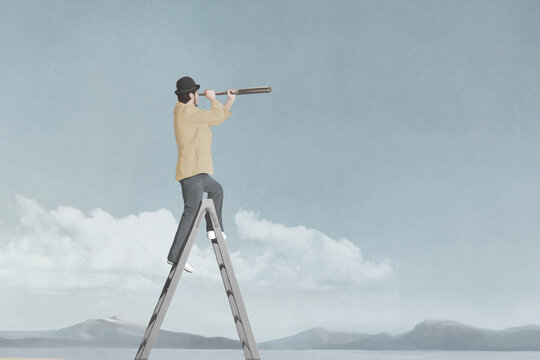Illustration of man on top of stair looking the future with telescope, business success concept