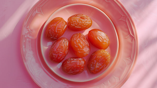 Date fruits in a pink plate with clean background
