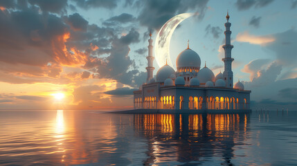 Mosque in a beach with sunset and a big moon behind the mosque
