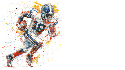 Running American football player isolated on white background, holding a football in his right hand. Pencil and splatter colour illustration, copy space, number 18, horizontal banner 16:9