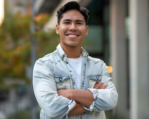 Positive beautiful young native american business man posing in front of office with hands folded, looking at camera with toothy smile. Happy maleentrepreneur, professional, worker head shot portrait