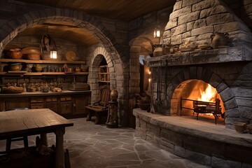 Dual Warmth: Rustic Stone Oven Designs and Fireplace Meet in Winter Oasis