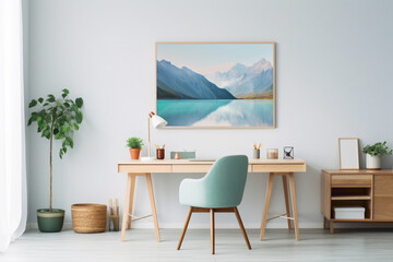 Picture-perfect office ambiance featuring a blank white empty frame, minimalist decor, mockup elements, and a delightful palette of simple, colorful tones.