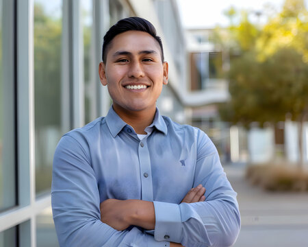 Positive handsome young native american business man posing outside office with hands folded, looking at camera with toothy smile. Happy male entrepreneur, professional, worker guy head shot portrait