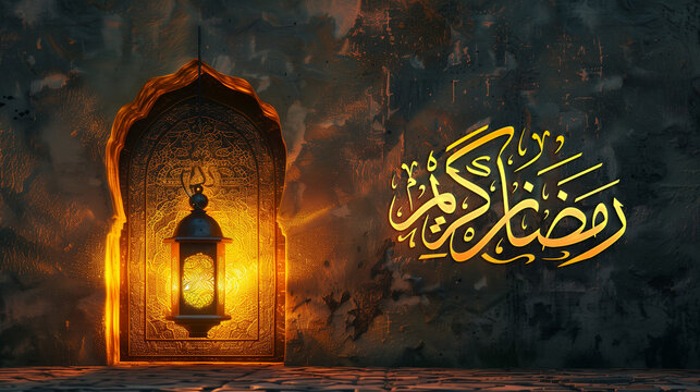 Ramazan kareem Greeting background lantern with arabic wall design