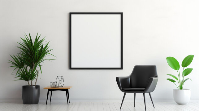 A colorful office interior featuring a blank white empty frame, displaying a minimalist black and white photograph.