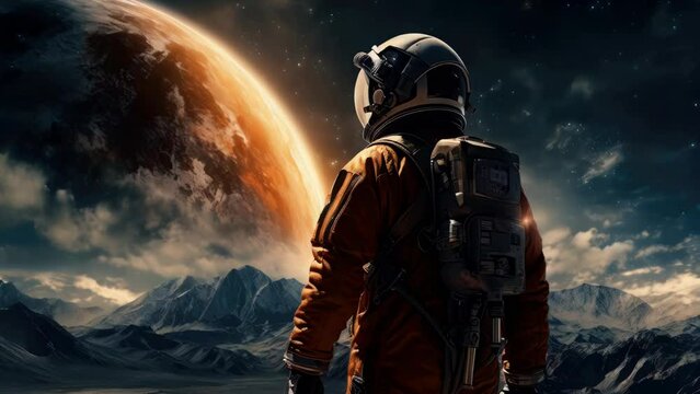 Astronaut in space suit standing in front of a planet, suitable for science and space exploration concepts.