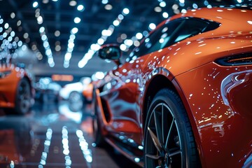 Two vibrant orange sports cars sitting neatly parked in a well-lit luxury showroom.