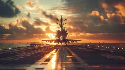 A large aircraft is parked on the runway of a military aircraft carrier while crew members perform...