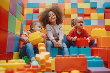 Group of children sitting on top of a stack of blocks, engrossed in play and interaction.