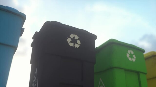 Colorful, plastic garbage bins, with recycle logo, stacked in a row against a blue sky background