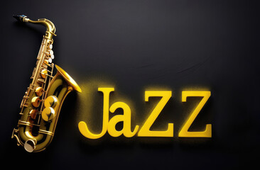 Naklejka premium Saxophone on a black background with the word jazz. Music concept.
