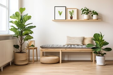 Fototapeta na wymiar Scandinavian Apartment: Vinyl Seat Furnishings & Plant Decor with Wooden Bench