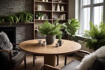 Scandinavian Apartment: Round Wooden Table with Fern and Orchid Vases