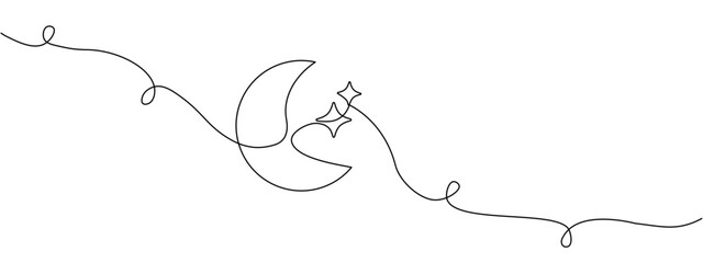 Line drawing of moon icon with stars in retro style. Night sky symbol, continuous editable single line . Vector illustration.