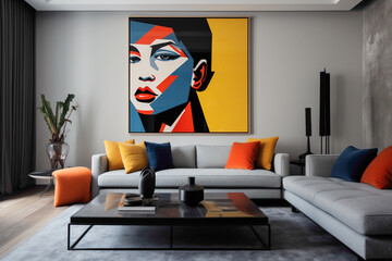 A comfortable and stylish living room featuring a minimalistic design with bold, contrasting colors in the accessories and artwork