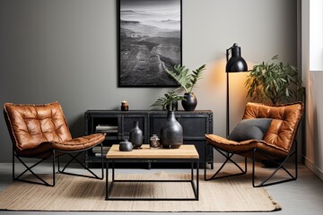 Metal and Leather Seating Inspo in Scandinavian Boho Living Area with Black Coffee Table