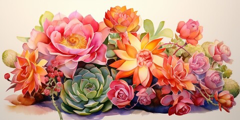 This captivating watercolor painting of intertwined flowers and cactus blooms with color and life, a perfect blend of nature and art