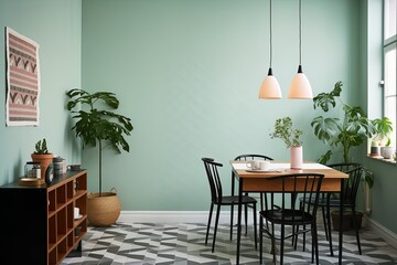 Nordic Charm: Mint Green Walls, Wave-Patterned Tiles Flooring & Scandinavian Dining with Nordic Furniture