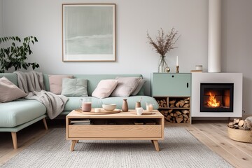 Scandinavian Elegance: Mint Sofa & Cozy Fireplace Inspiration with Wooden Coffee Table