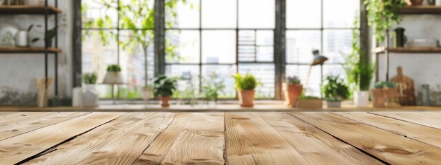 Fototapeta premium Countertop blurry window desk blur design banner counter blur gre background clean panoramic blank Wood blurred background table bright food banner display abstract empty kitchen top board desktop