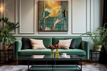 Vintage Glass Panel Scandinavian Interior: Green Sofa, Art Deco Touches