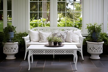Scandinavian Porch Oasis: Ornate Garden Benches, White Sofa & Wood Coffee Table