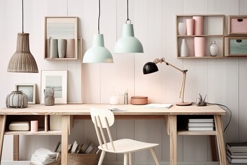 Scandinavian Reclaimed Wood Desks with Pastel Accessories and Pendant Wooden Lights