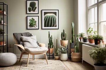 Scandinavian Cactus Room: Sleek Succulent Displays, Cozy Rug, & Poster Wall Decor