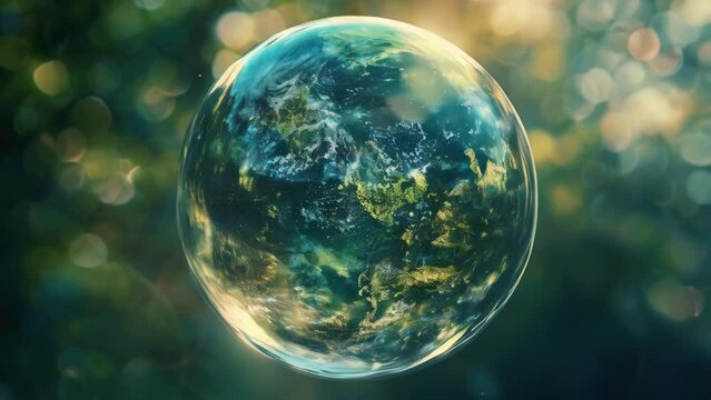 A close up of a sphere of water with trees in the background. Perfect for nature and environmental concepts.