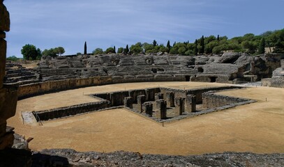 An overview of the Amphitheater of Italica, one of the first Roman colonies in Spain (Seville), it...