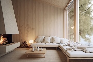 Fototapeta na wymiar Nordic Seaside Cabin with Coral and Seashell Accents - Minimalist Design and Wooden Fixtures