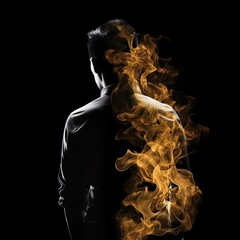 A person is silhouetted against a dark background with vibrant orange smoke swirling around them