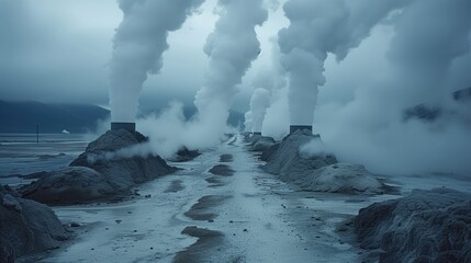 Fototapeta na wymiar Steam rises from the earth's surface as geothermal power stations harness the planet's natural heat to generate clean, sustainable energy, offering a glimpse into the potential of geothermal energy