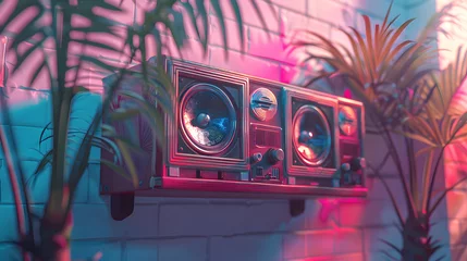  An electric blue boombox hangs on a brick wall beside palm trees © Nadtochiy