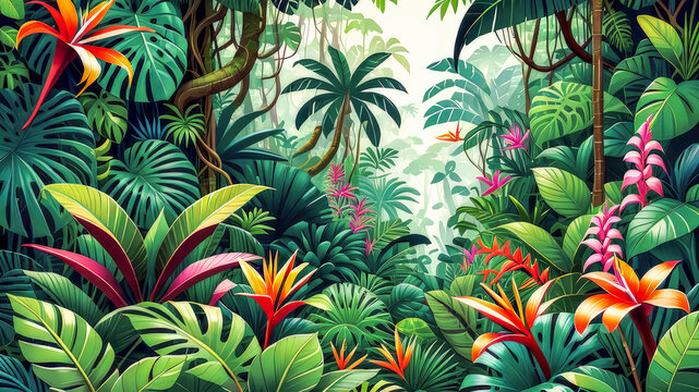 Exotic amazon forests vector style illustration background, Tropical wallpaper design. Generative ai