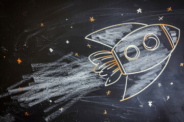 Chalk drawing of a rocket on blackboard