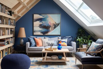 Fototapeta premium Nautical Elegance: Seaside-Inspired Loft with Geometric Marine Decor and Wallpaper Designs