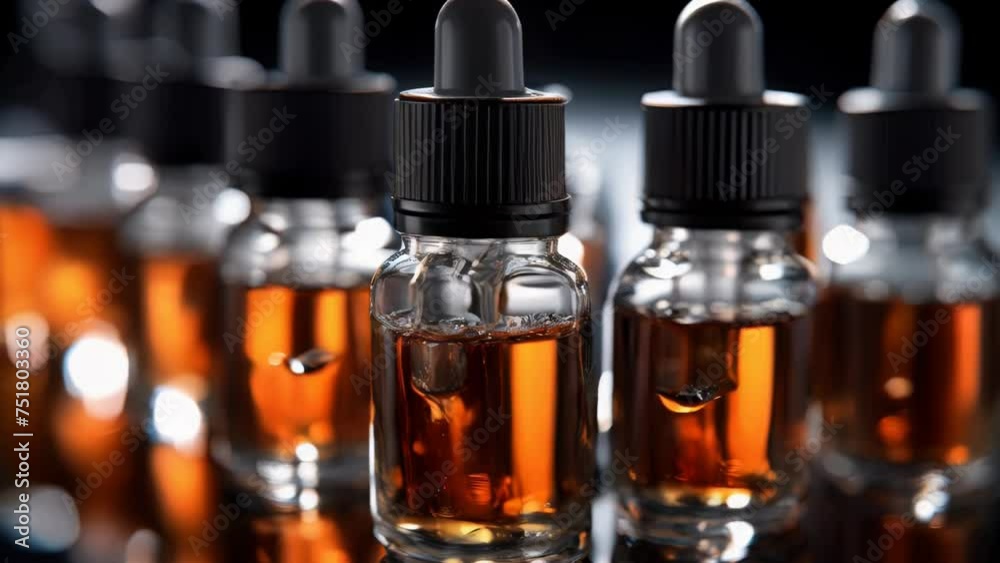 Poster Close up of a group of liquid bottles. Suitable for product display.