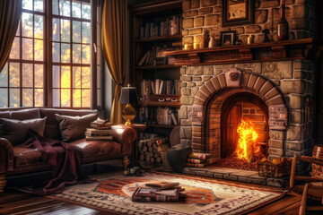 Obraz premium cozy living room interior with a large fireplace in retro style
