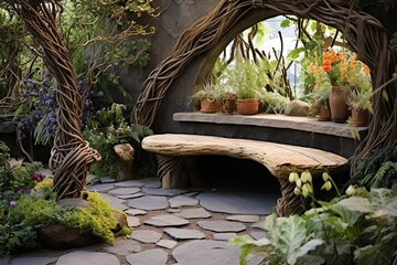 Obraz premium Tranquil Oasis: Serene Rock Garden with Ornate Benches and Natural Fiber Rugs